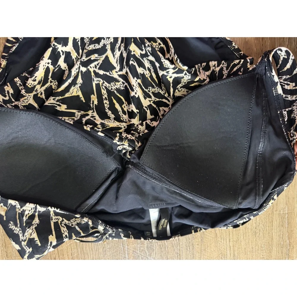 Nip Tuck Swim One Piece Blouson Swimsuit Black Cream Animal Print Size US 12